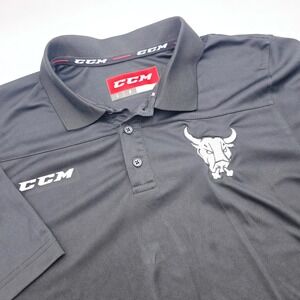 CCM Tactical Dry Men Black Polo Shirt Large Embroidered Bull Logo Hockey Sport